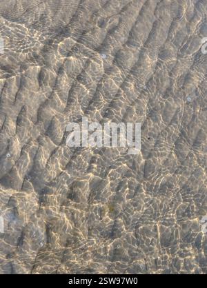 Natural rippled sand texture under clear shallow water with sunlight reflections. Perfect as a background, texture, or overlay for designs, wallpapers Stock Photo