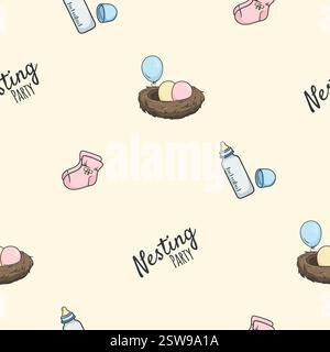 Seamless pattern nesting party. Vector endless background with nest and balloons. Illustration for the wrapping paper Stock Vector