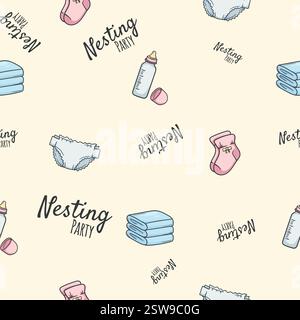 Seamless pattern nesting party. Vector background with bottle, pacifier, diapers. Illustration for the wrapping paper Stock Vector