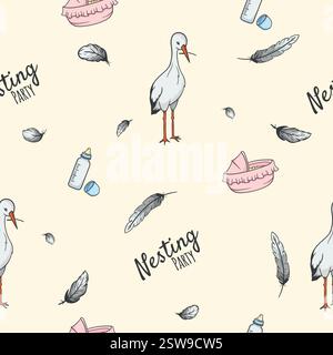 Seamless pattern nesting party. Vector background with stork, feathers. Illustration for the wrapping paper Stock Vector