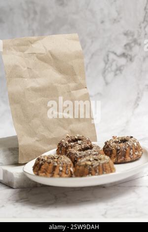 Crumpled brown blank paper and homemade sweets, baking recipe book template Stock Photo