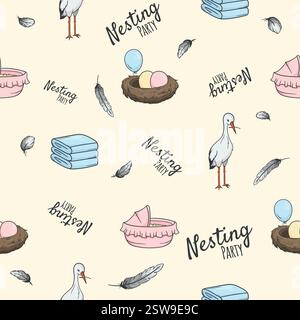 Seamless pattern nesting party. Vector endless background with stork, nest, feather. Illustration for the wrapping paper Stock Vector