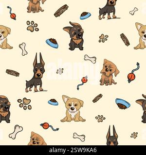 Seamless pattern with puppy puppies of various breeds and dog accessories. Vector illustration for wrapping paper, gift Stock Vector