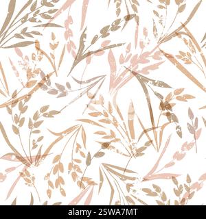 Rice ears grain leaves seamless pattern. Beige neutral plants autumn colors background. Vector hand drawn sketch illustration. Bedding fabric design, Stock Vector