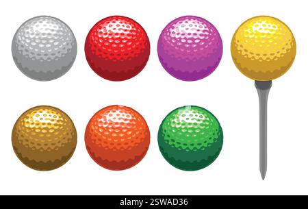 Seven stylish golf balls in white, red, pink, yellow, gold, orange, and green, each on a golf tee. Modern flat vector design for men’s and women’s gol Stock Vector