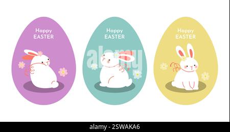 Adorable set of cute Easter bunnies in decorated eggs among spring flowers isolated. Perfect for holiday greeting cards, invitations, and festive desi Stock Vector