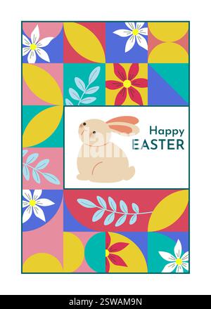 Happy Easter card. Multicolored and festive template. Trendy design with abstract geometric shapes, cute bunny and flowers Stock Vector