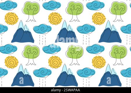 Colorful pattern of nature elements featuring mountains, trees, and weather symbols Stock Vector