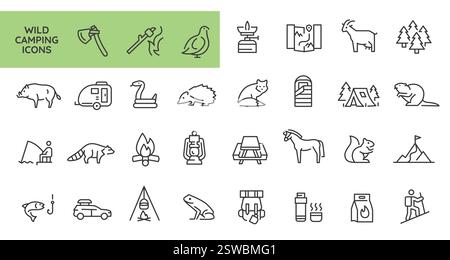 camping car icon set in thin line outline style and linear vector sign ...