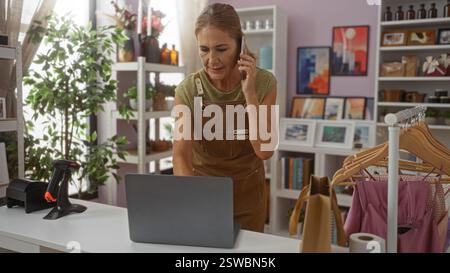 Mature woman managing a home decor shop, talking on the phone while working on a laptop in a well-decorated and organized interior setting. Stock Photo