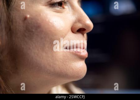 Close up of happy woman doing software quality assurance celebrating after reading source code and finding no errors. Jolly developer excited after inspecting coding on desktop PC, seeing no issues Stock Photo