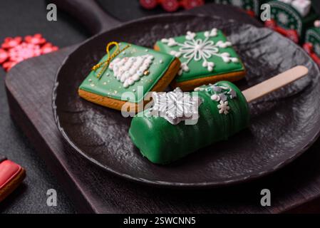 Natural popsicle ice cream on a stick in the style and colors of Christmas Stock Photo