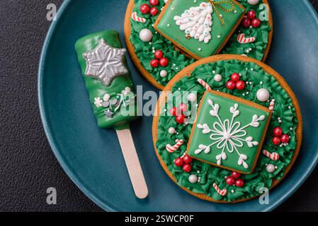 Natural popsicle ice cream on a stick in the style and colors of Christmas Stock Photo