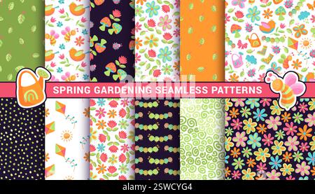 Set of Spring Gardening Vector Seamless Patterns with Flowers, Leaves, Mushrooms, Bees, Birds, and Kites. Colorful Playful Pattern Bundle or Stock Vector