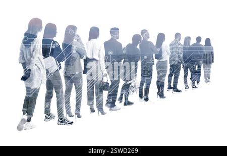 Human resource. Silhouettes of people, multiple exposure with cityscape and circuit board pattern Stock Photo