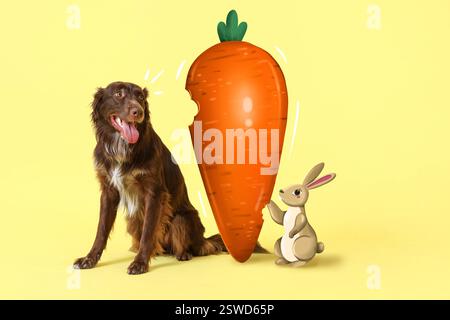 Cute dog, Easter bunny and big carrot on yellow background Stock Photo