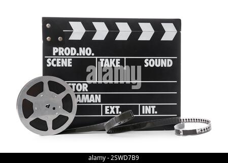 Movie clapper with film reel on white background Stock Photo