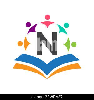 Initial Unity Logo On Letter N Concept With Book And Community Symbol. Teamwork, Team and Group Logo Stock Vector