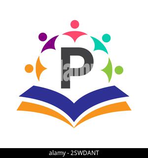 Initial Unity Logo On Letter P Concept With Book And Community Symbol. Teamwork, Team and Group Logo Stock Vector