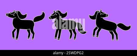 Solid black glyph icon of a horse, pony in profile set. Strong, simplified design perfect for digital interfaces, apps, and signage. High contrast for readability Stock Vector