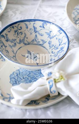 Easter table setting with empty craft ceramic tableware Stock Photo