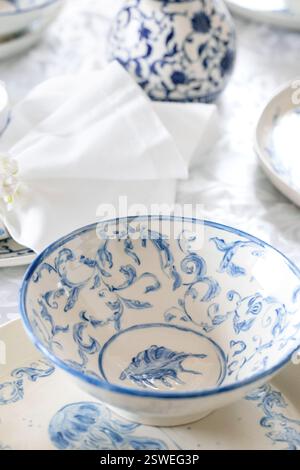 Easter table setting with empty craft ceramic tableware Stock Photo