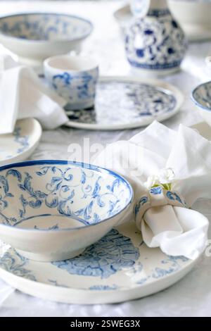 Easter table setting with empty craft ceramic tableware Stock Photo