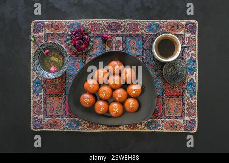 Indian traditional sweet Gulab Jamun, top view Stock Photo