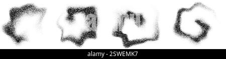 Dotted smoky shapes. Grainy fluid spots and stains. Black stippled flowing dust set. Noise splashes and splatters forms. Dissolve sand particles texture. Vector fading halfton gradient elements Stock Vector