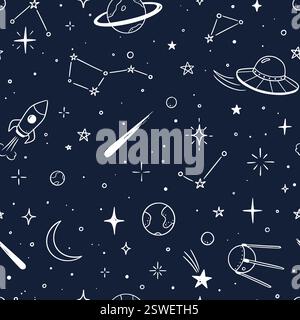 Space star galaxy vector seamless pattern. Hand drawn doodle sketch line style galaxy planet star, rocket, moon cute sky background. Space planet kid doodle universe pattern. Vector illustration Stock Vector