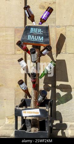 Beer tree with bottles of different types of beer in the garden centre of Bamberg, Bavaria, Germany, Europe Stock Photo