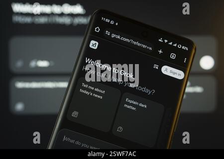 Dhaka, Bangladesh- 16 Feb 2025: Website of Grok Ai is seen on a smartphone Stock Photo