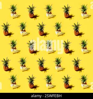 Many pineapples on a solid yellow background pattern Stock Photo
