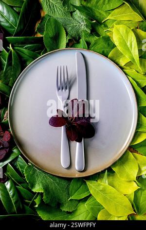 Empty ceramic plate on background made of green leaves Stock Photo