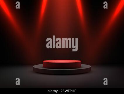 modern technology 3D black circular podium illuminated by red spotlights, perfect for award ceremonies, product showcases, or futuristic presentations Stock Vector