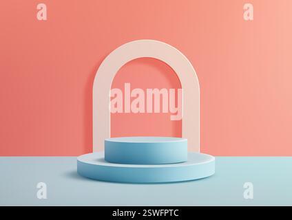 modern 3d light blue podium with a soft pink arch against a coral background, perfect for product presentations, mockups, and creative showcases in ma Stock Vector