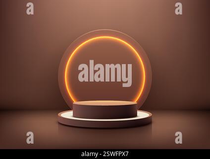 modern 3d circular brown podium with a glowing orange ring backdrop, technology showcases, product displays, and futuristic presentations in a sleek s Stock Vector