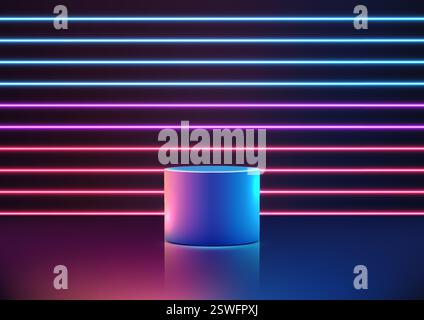 vibrant neon lit stage with horizontal blue and pink lights, 3D glowing cylindrical podium at the center. futuristic technology concepts, product disp Stock Vector