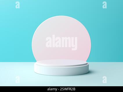 minimalist 3d composition featuring a light pink circle on a white pedestal against a soft blue background, perfect for modern product display, mockup Stock Vector