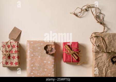 Collection of Christmas gift boxes in craft paper Stock Photo