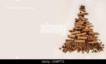 Aromatic spices collection and different coffee beans as Christmas tree Stock Photo