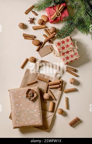 Collection of Christmas gift boxes in craft paper Stock Photo