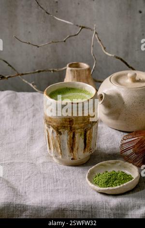 Traditional hot green tea matcha in ceramic cup Stock Photo
