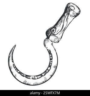 Linear ink drawing of sickle icon. Vector sickle for cutting herb harvest in vintage engraving technique isolated on white background. An ancient rural instrument. Stock Vector