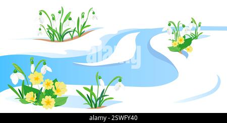 Spring meltwater flow and the first flowers sprouting through the snow. Yellow primroses and white snowdrops. The concept of the arrival of spring and the awakening of nature after winter. Vector Stock Vector