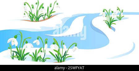 Spring meltwater flow and the first flowers sprout through the snow. White snowdrops in a flat style. The concept of the arrival of spring and the awakening of nature after winter. Vector illustration Stock Vector