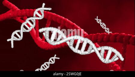 Image of dna strands spinning over red background Stock Photo