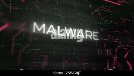 Image of malware text over processing data and network on dark interface Stock Photo