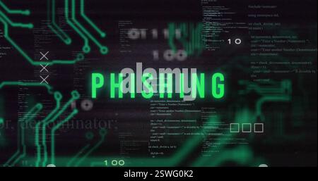 Image of phishing text over motherboard network and processing data on interface Stock Photo