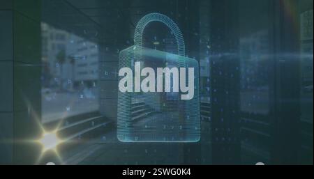 Image of padlock and financial data processing over cityscape Stock Photo